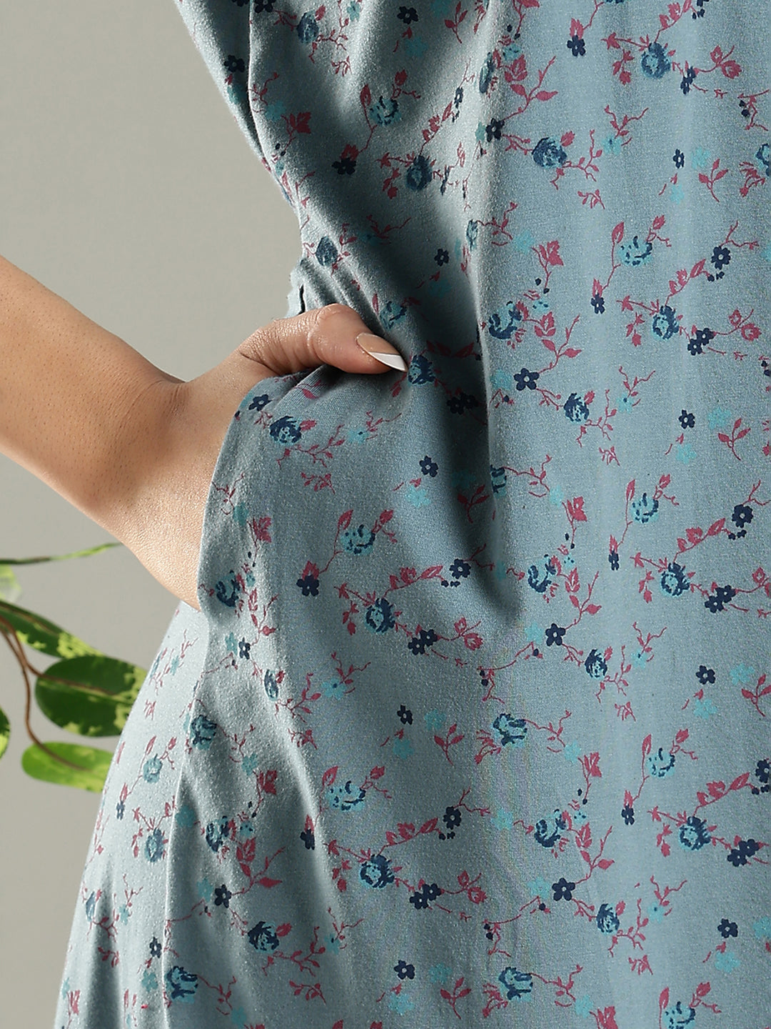 Smoky Teal Cotton Blend Embroidered Nighty For Women