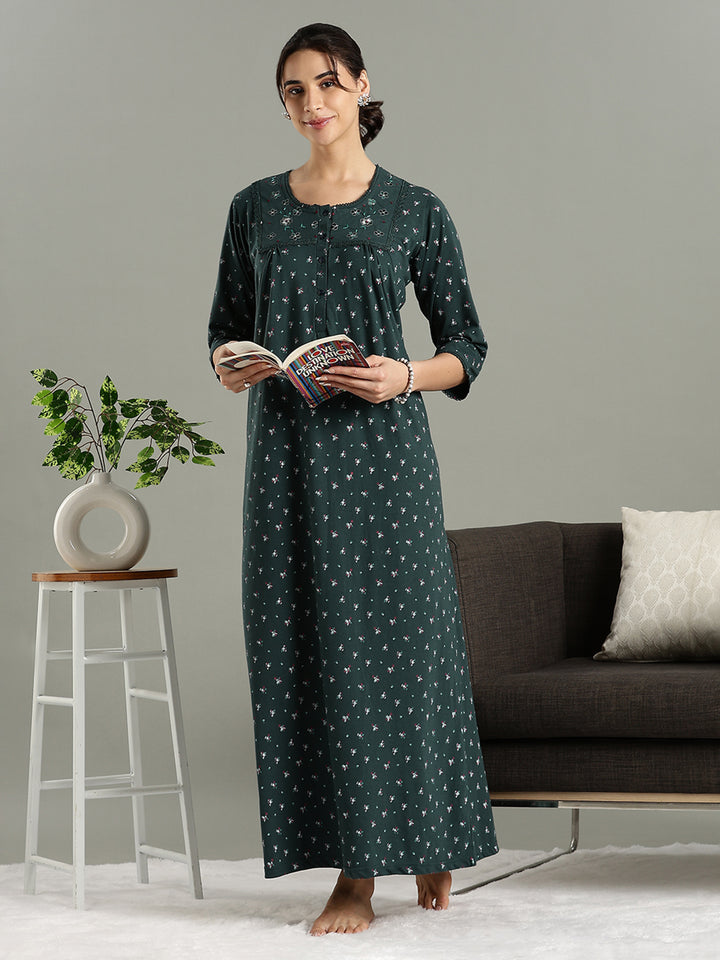 Classy Indian Style Teal Green Cotton Blend Nighty for Women