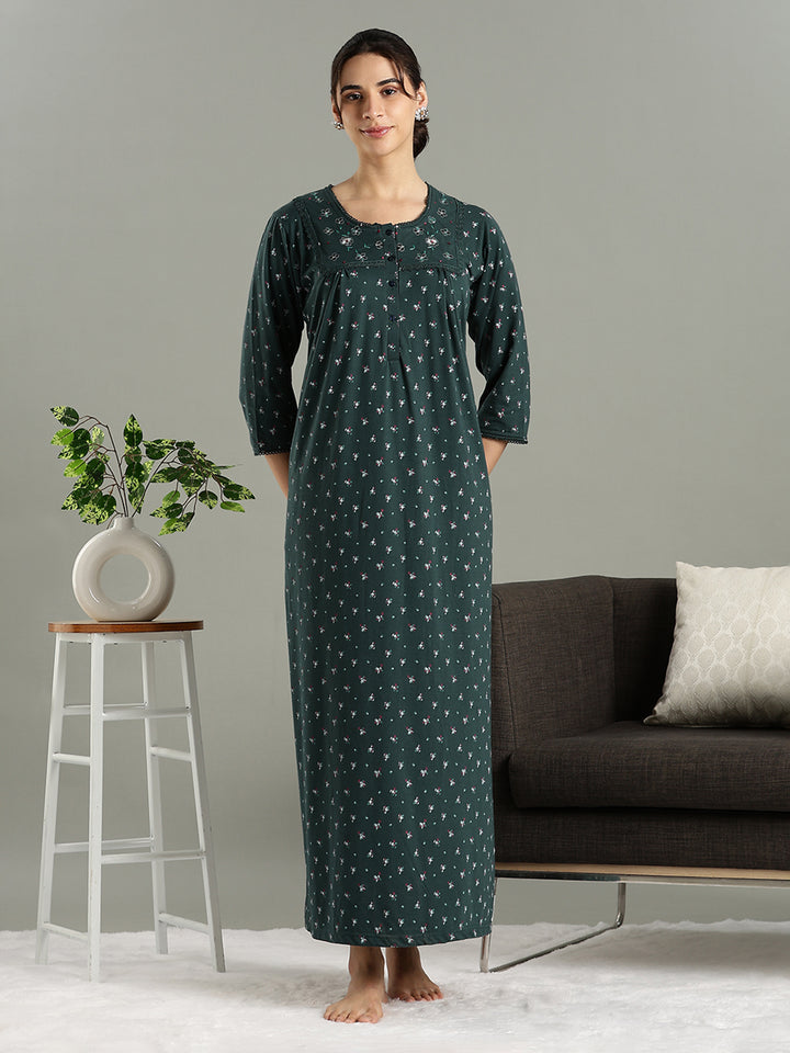 Classy Indian Style Teal Green Cotton Blend Nighty for Women