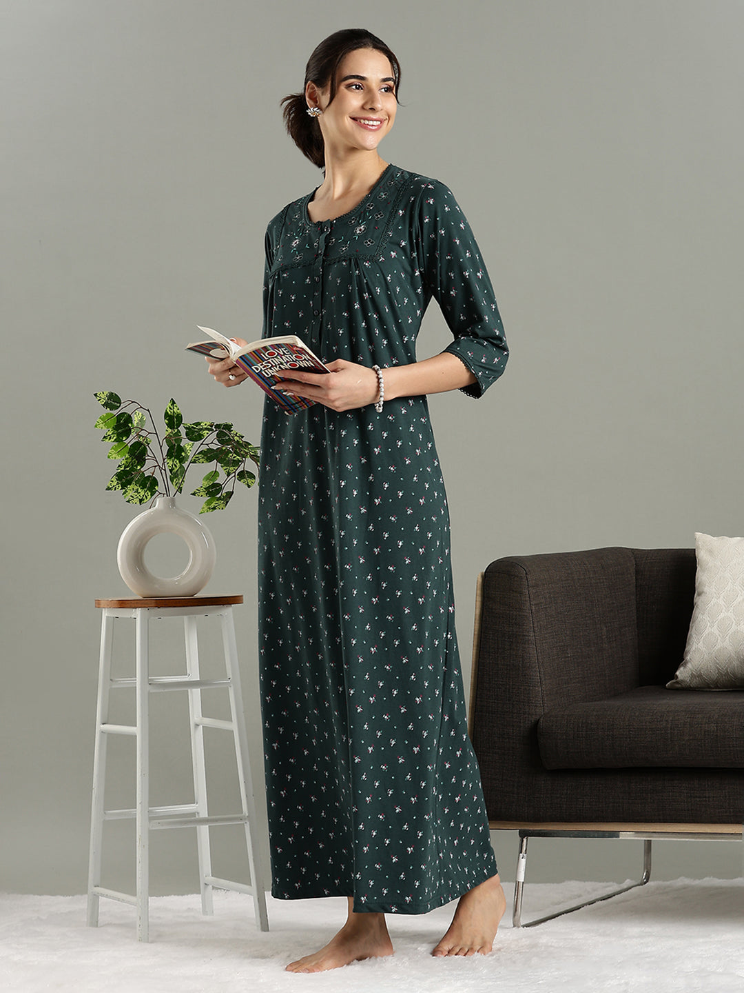 Classy Indian Style Teal Green Cotton Blend Nighty for Women