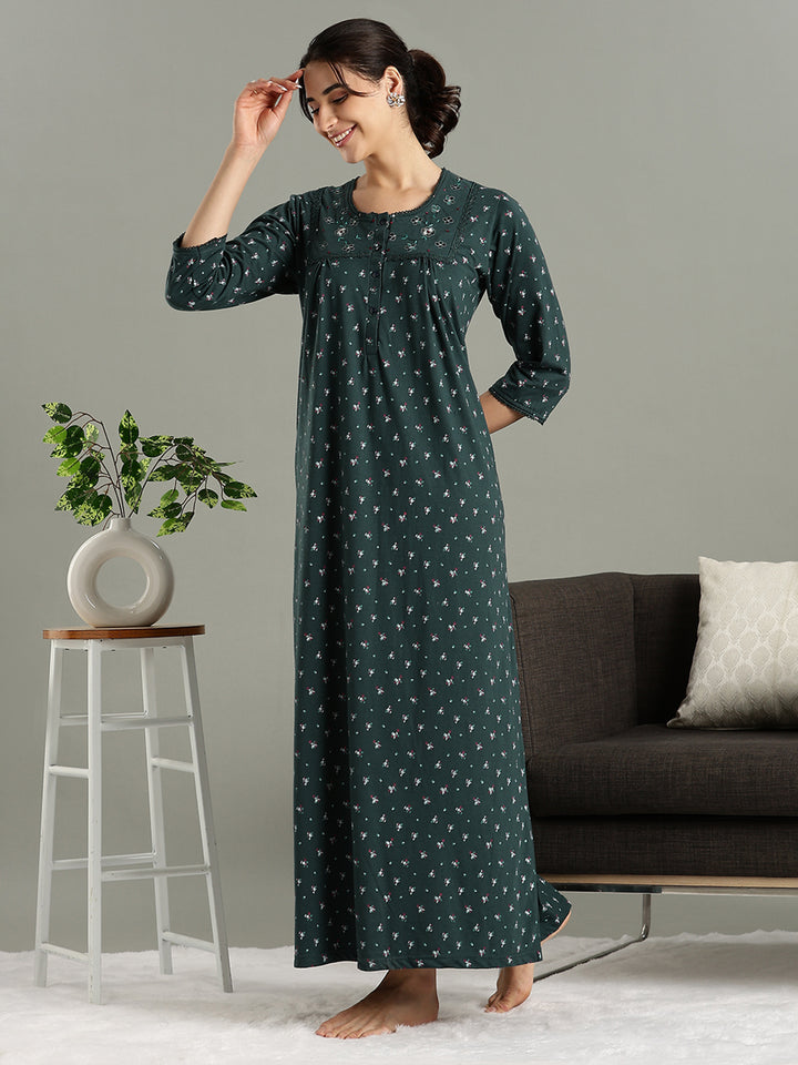 Classy Indian Style Teal Green Cotton Blend Nighty for Women
