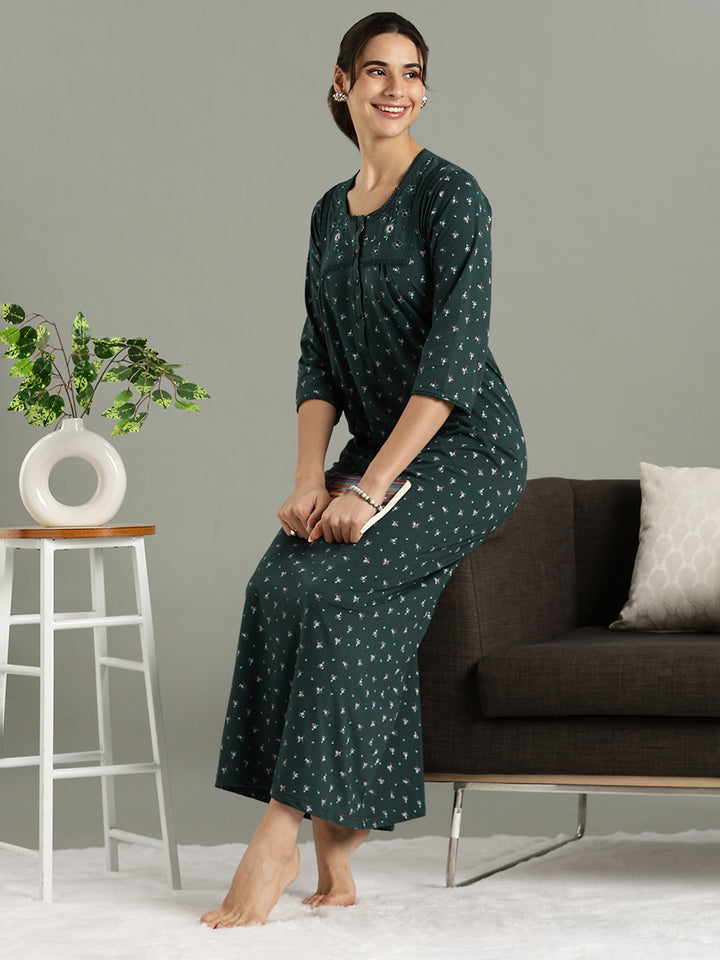Classy Indian Style Teal Green Cotton Blend Nighty for Women