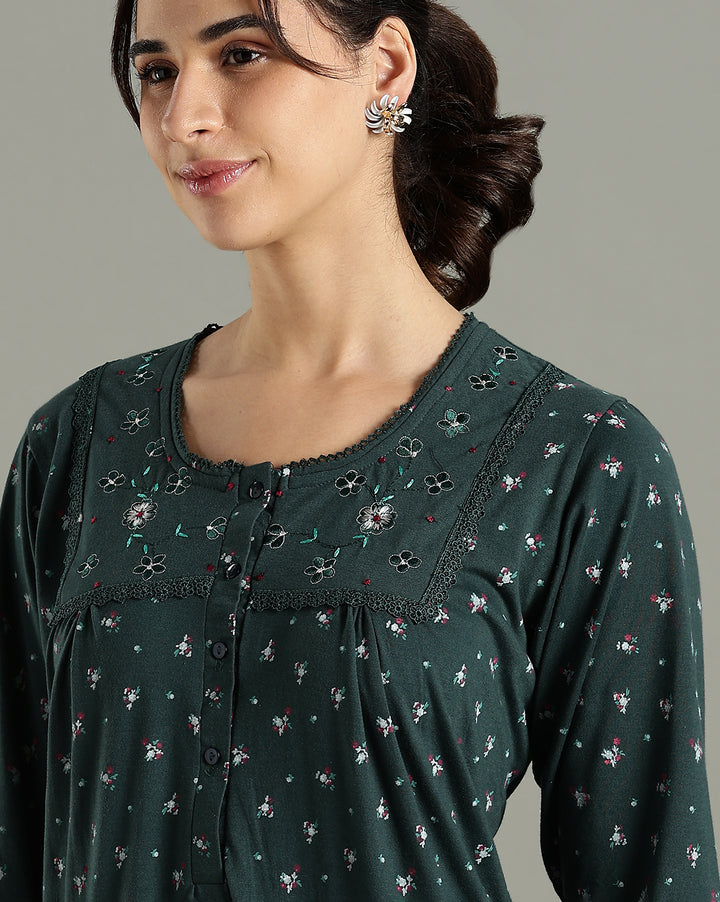 Classy Indian Style Teal Green Cotton Blend Nighty for Women