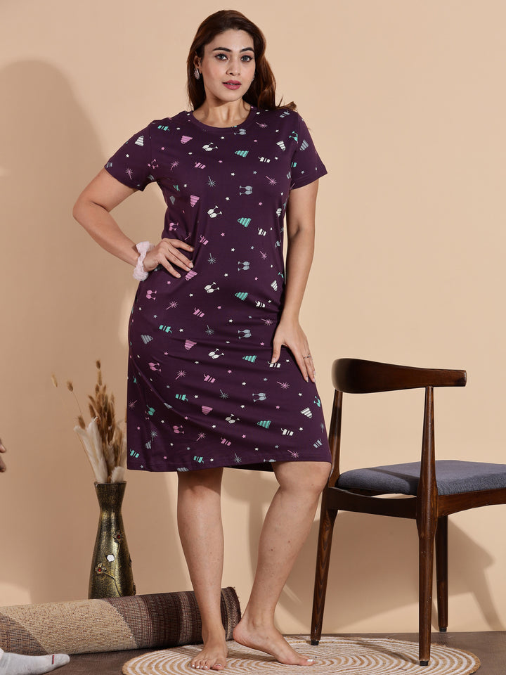 Premium Wine Short Cotton Night dress for Women