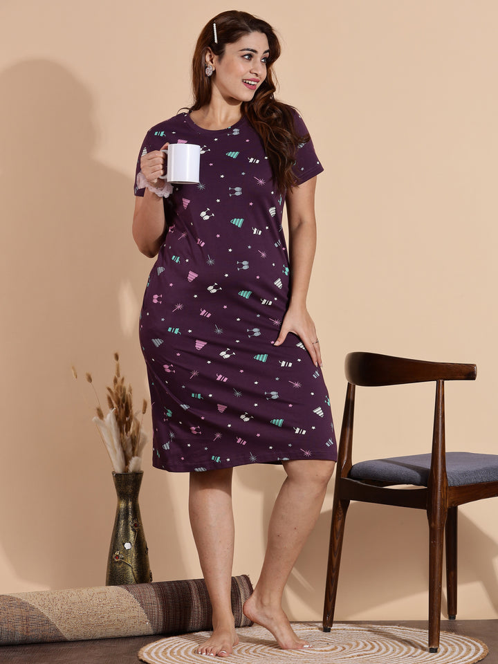 Premium Wine Short Cotton Night dress for Women
