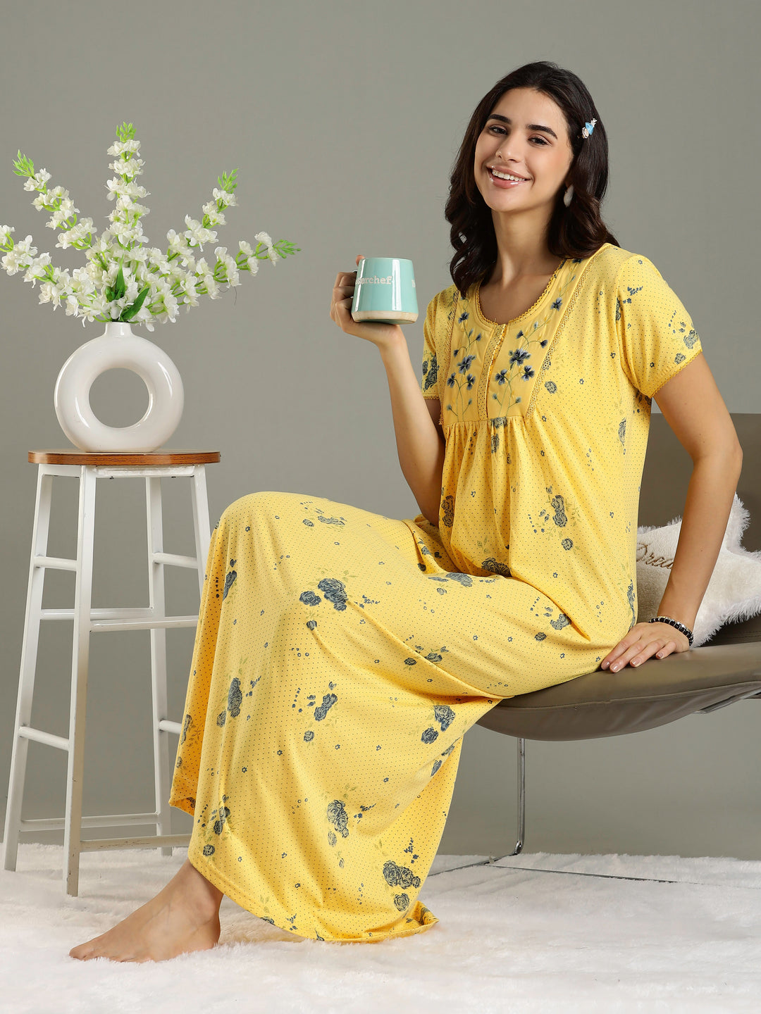 Honey Yellow Branded Cotton Blend Designer Nighty For Women