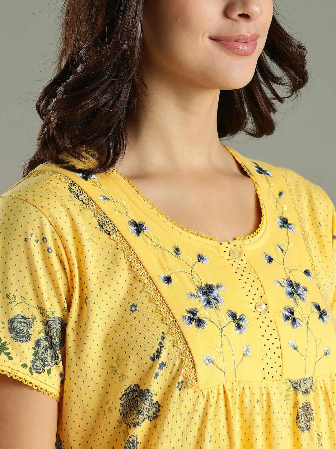 Honey Yellow Branded Cotton Blend Designer Nighty For Women
