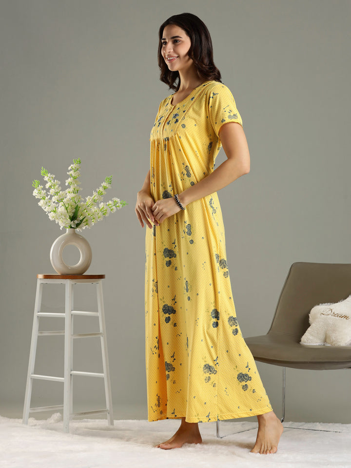 Honey Yellow Branded Cotton Blend Designer Nighty For Women