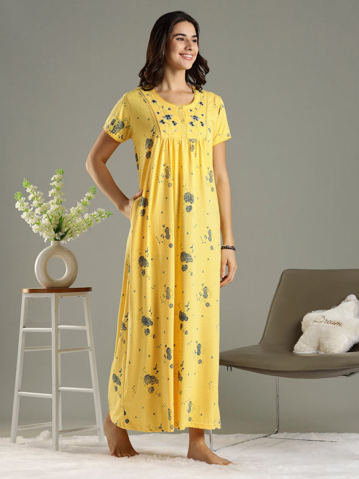 Honey Yellow Branded Cotton Blend Designer Nighty For Women