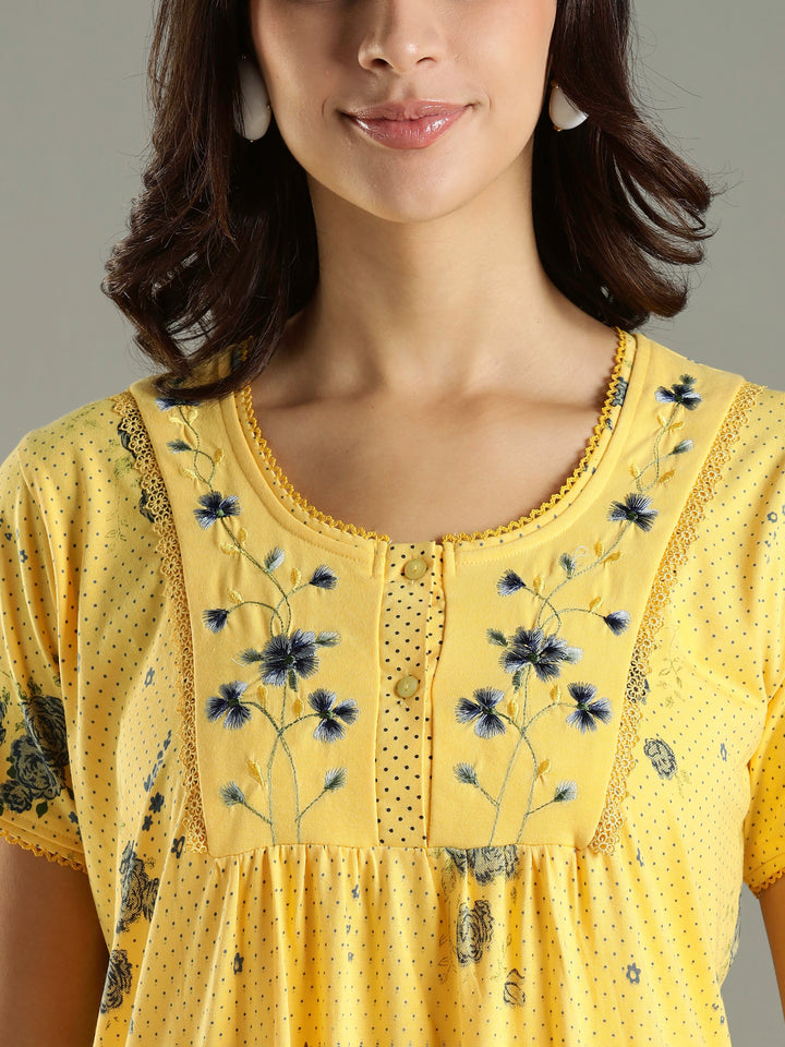 Honey Yellow Branded Cotton Blend Designer Nighty For Women