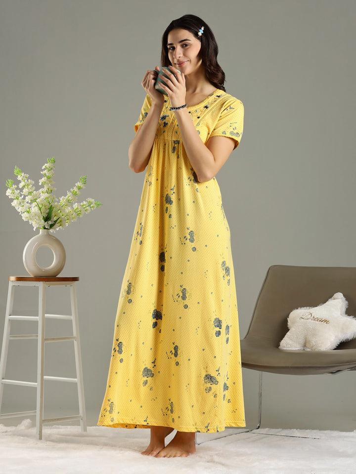Honey Yellow Branded Cotton Blend Designer Nighty For Women