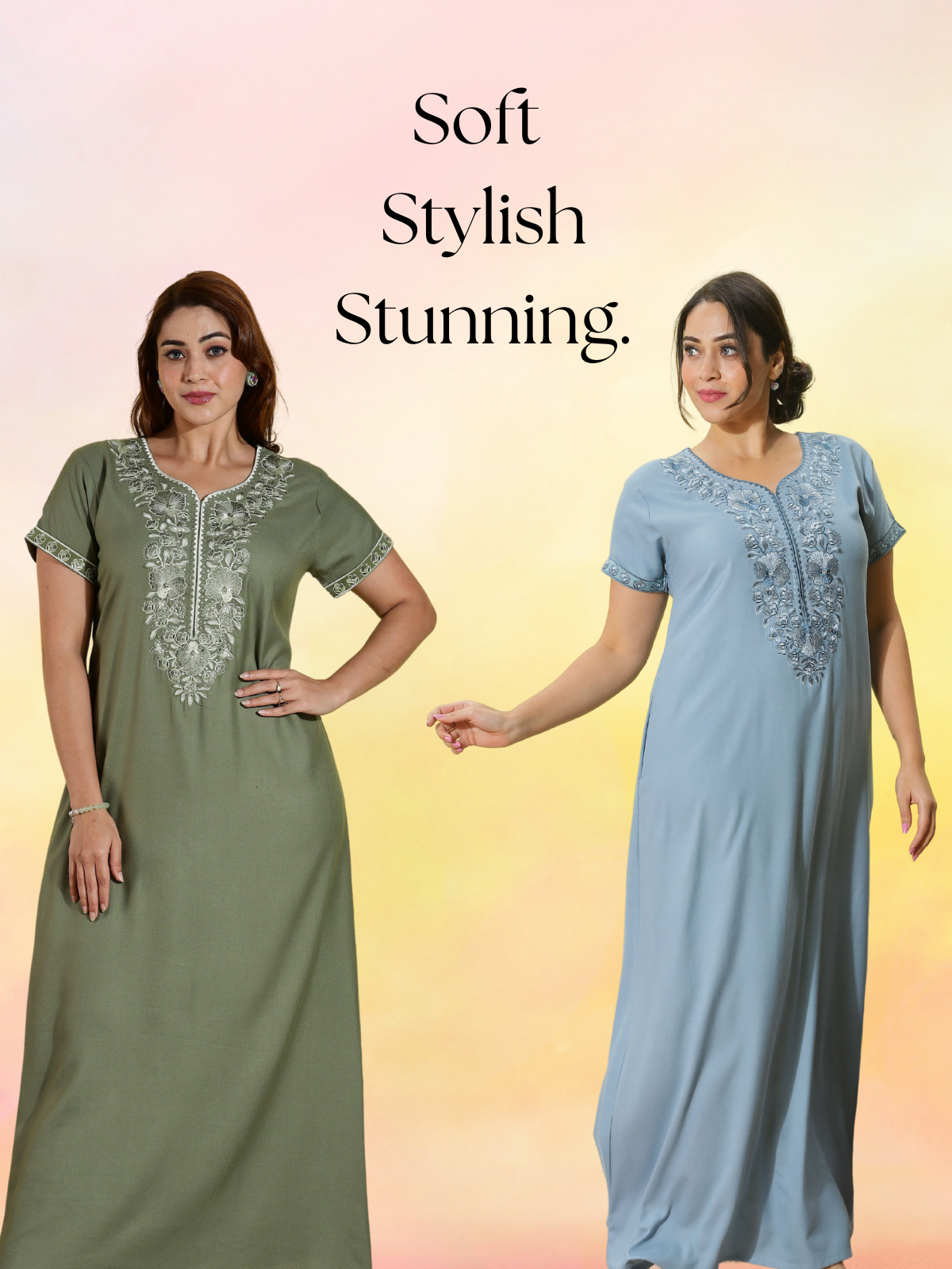 Designer Nighty for Women – Embroidered Maxi Dress with Soft Luxe Feel