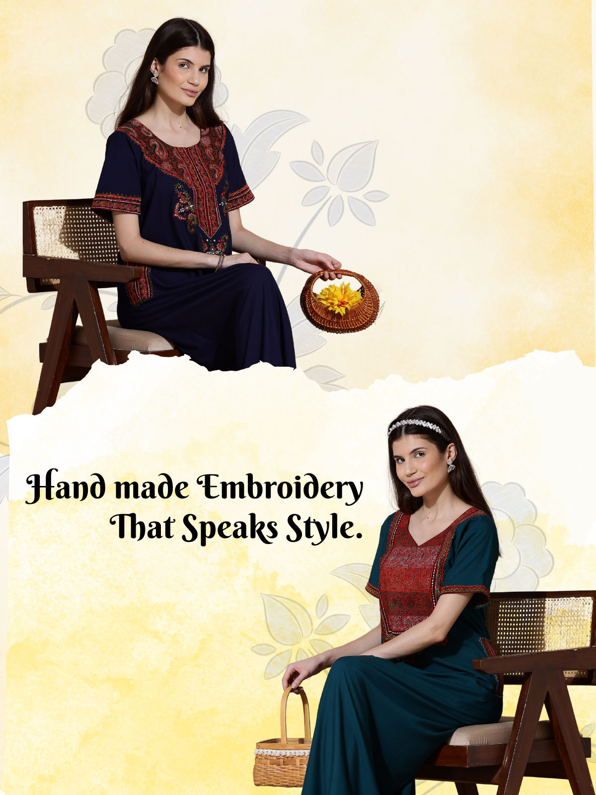 Handmade embroidered nighty in Bizzy Lizzy fabric featuring ethnic design for women