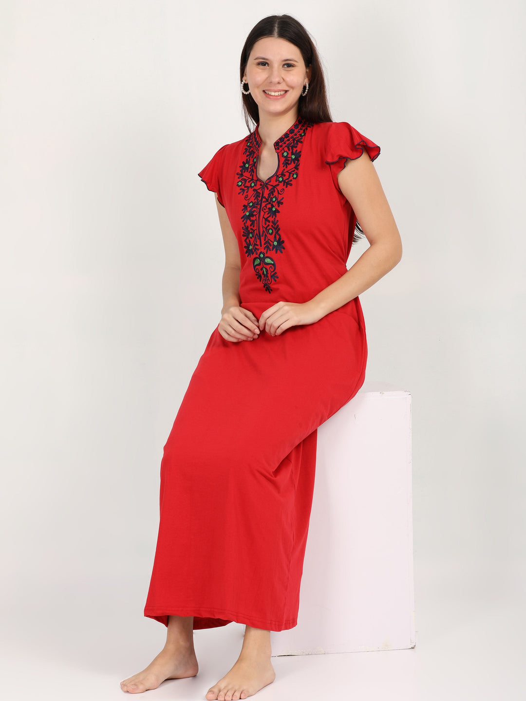 Stylish Cotton Blend Red Designer Nighty