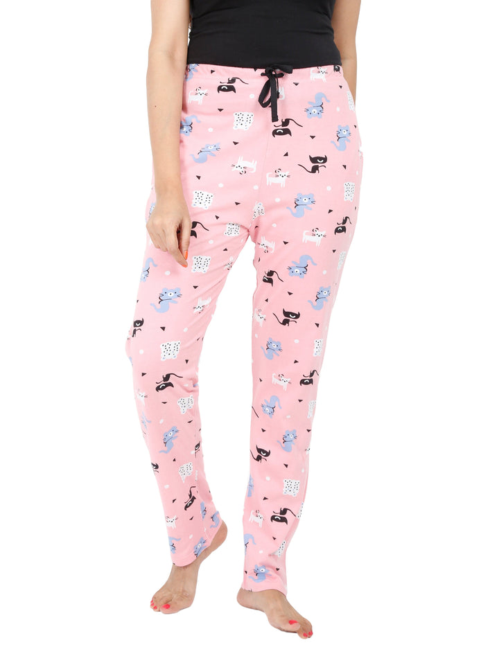 Stylish Pink Cat Hosiery Cotton Women Pyjamas
