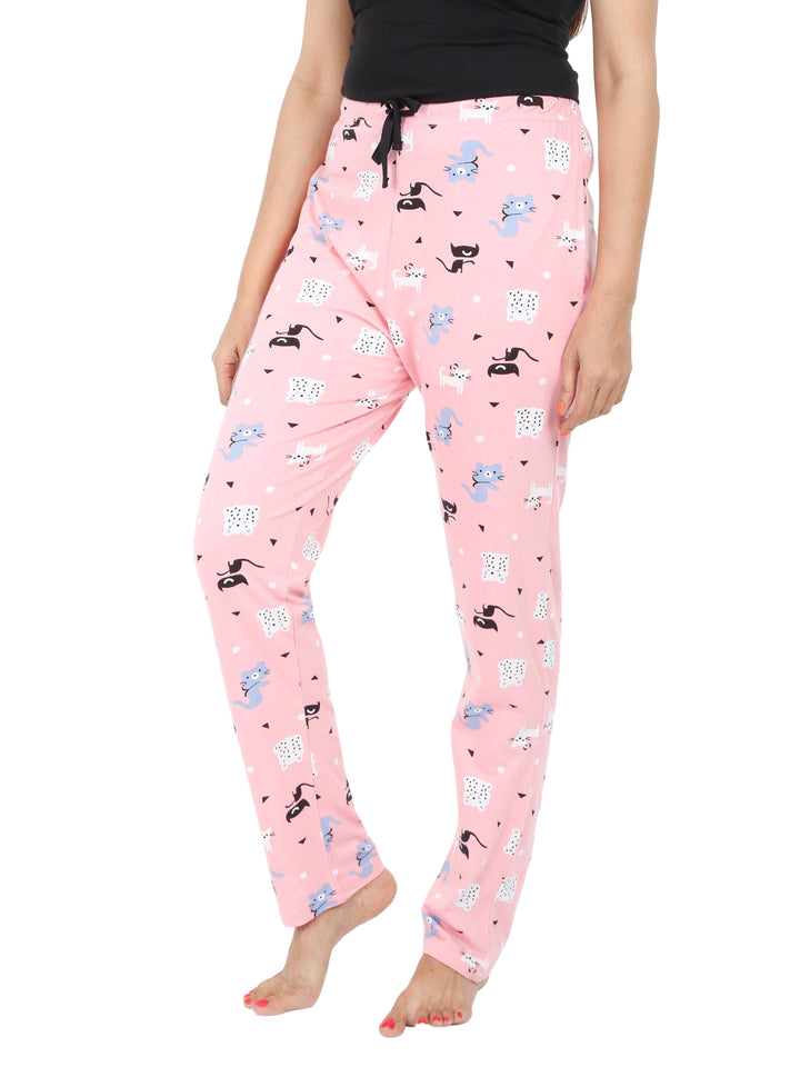 Stylish Pink Cat Hosiery Cotton Women Pyjamas