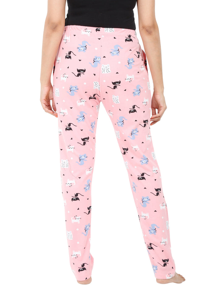 Stylish Pink Cat Hosiery Cotton Women Pyjamas