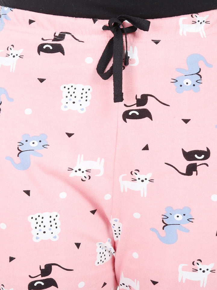 Stylish Pink Cat Hosiery Cotton Women Pyjamas
