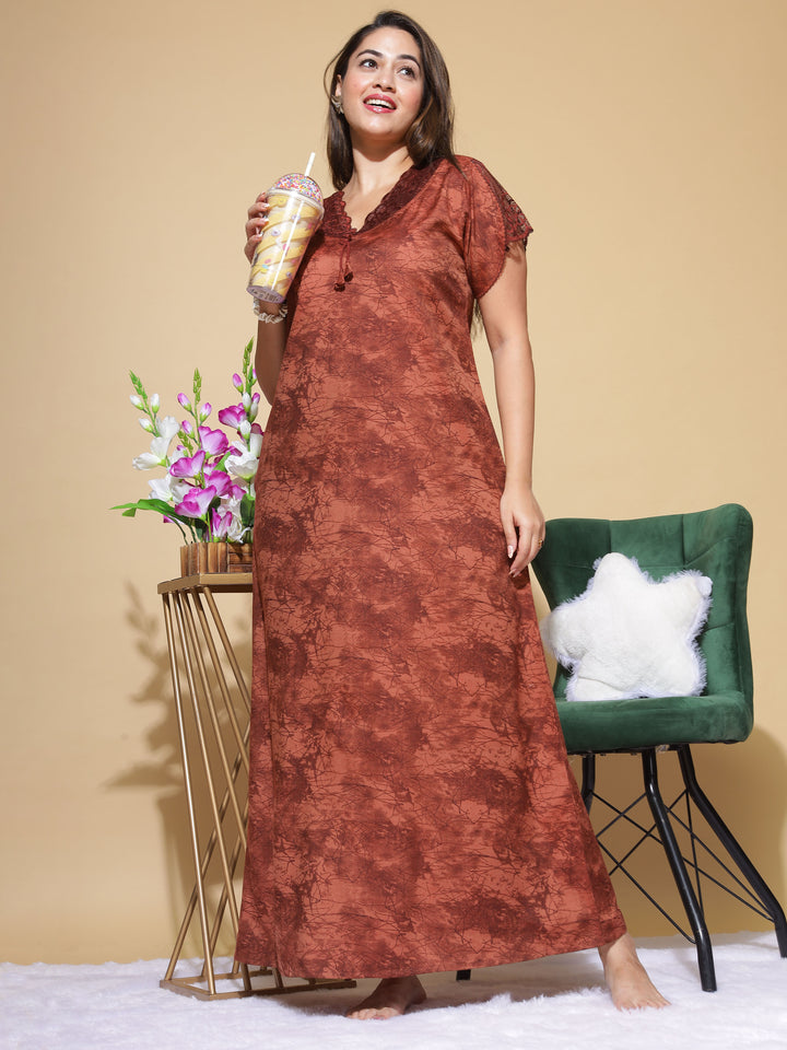  Micro Poly Viscose Nighty  Elegant Brown Nighty: Geometric Print, Designer Neckline- 9shines label 