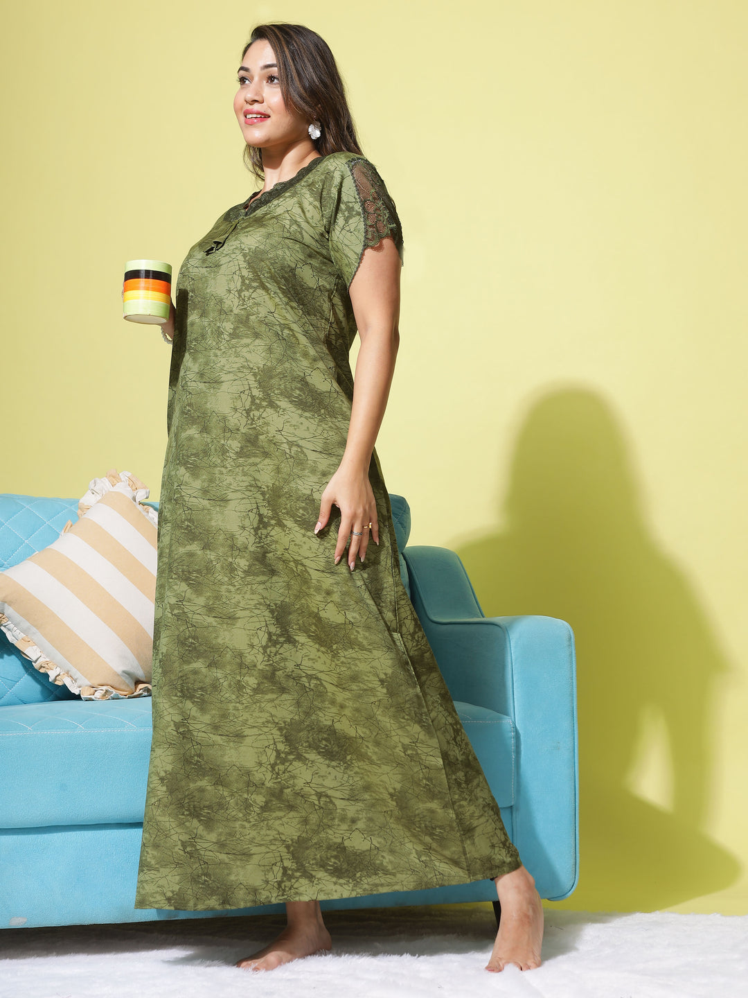  Micro Poly Viscose Nighty  Elegant Green Nighty: Geometric Print, Designer Neckline- 9shines label 