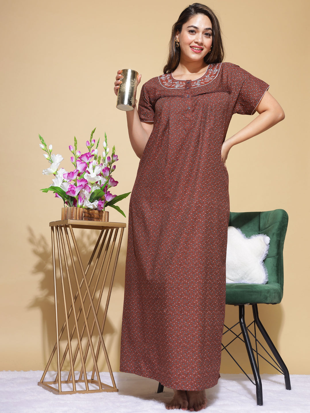  Micro Poly Viscose Nighty  Shop Latest Trend: Micro Poly Viscose Brown Designer Nighty- 9shines label 