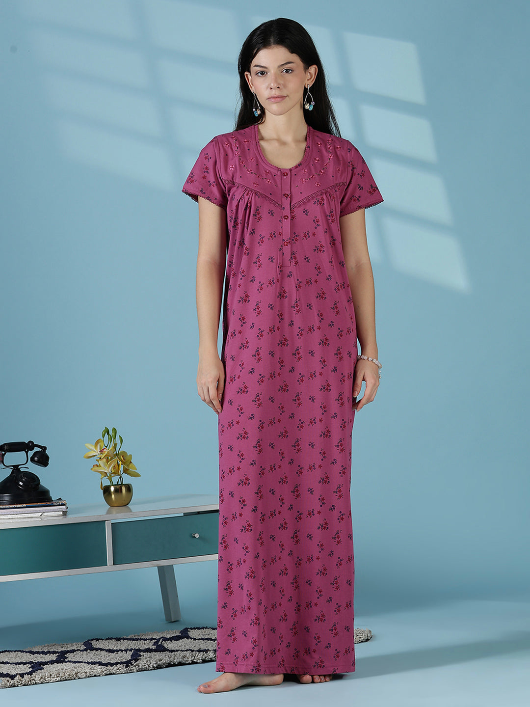 Rose Floral Cotton Blend Nighty for Women Soft Daily Wear