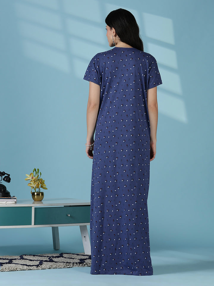 Indigo Floral Cotton Blend Nighty for Women Relaxed Fit