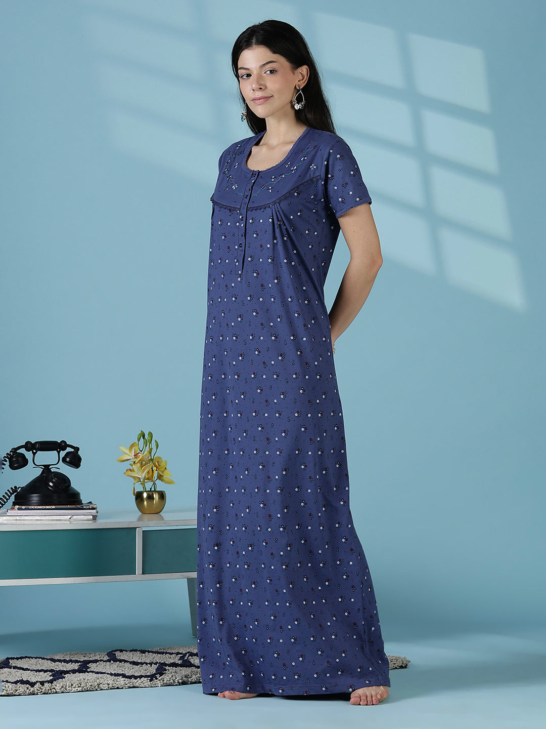 Indigo Floral Cotton Blend Nighty for Women Relaxed Fit