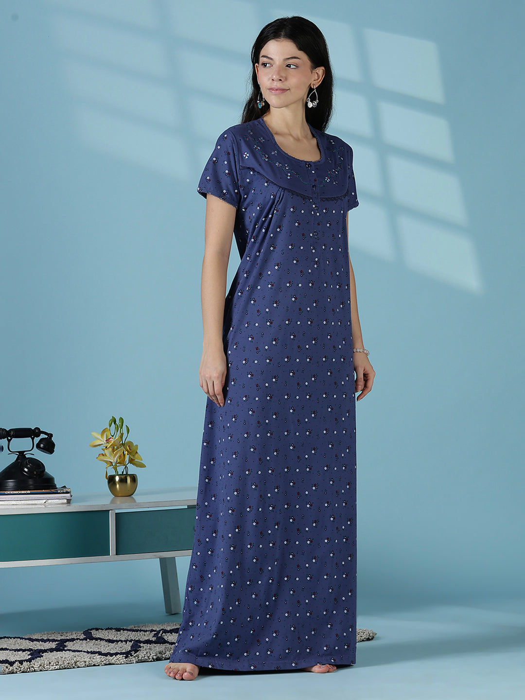 Indigo Floral Cotton Blend Nighty for Women Relaxed Fit