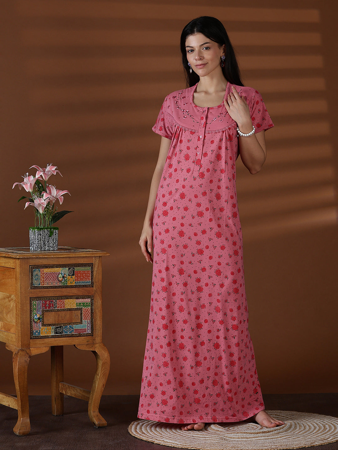 Floral Cotton Blend Nighty for Women Soft Pleated Comfort