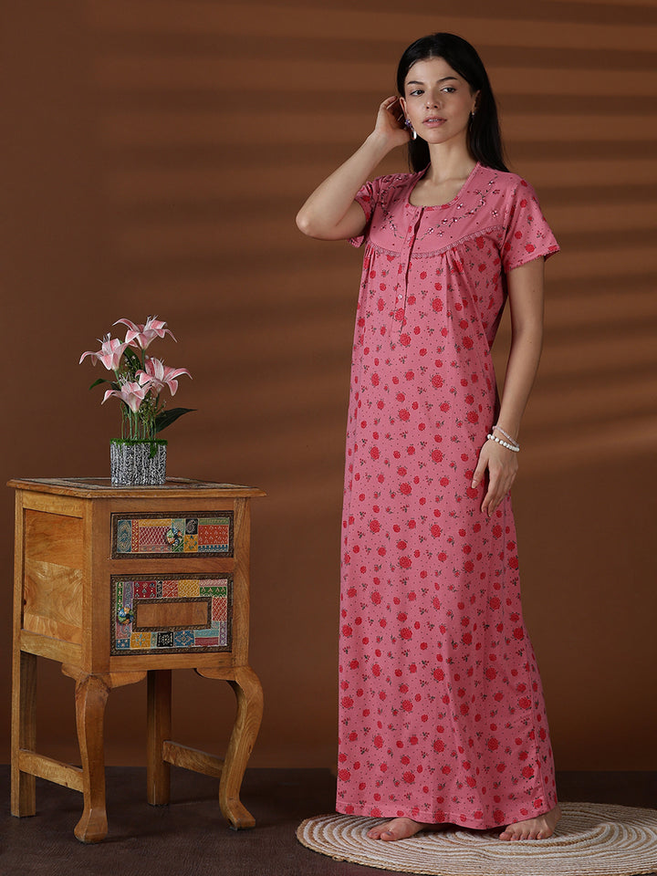 Floral Cotton Blend Nighty for Women Soft Pleated Comfort