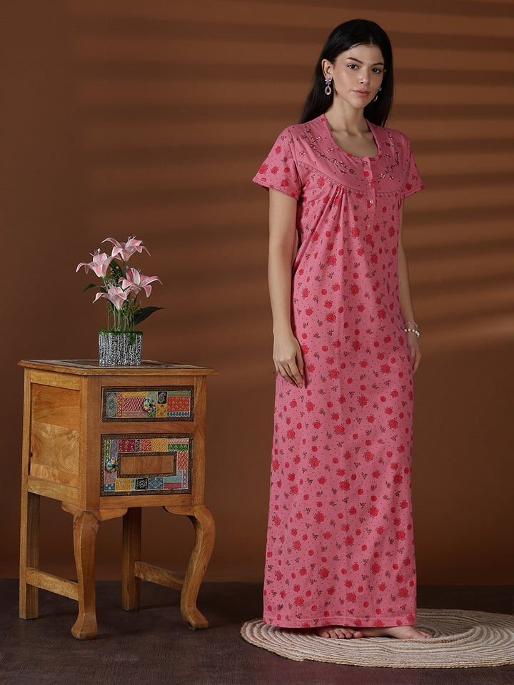 Floral Cotton Blend Nighty for Women Soft Pleated Comfort