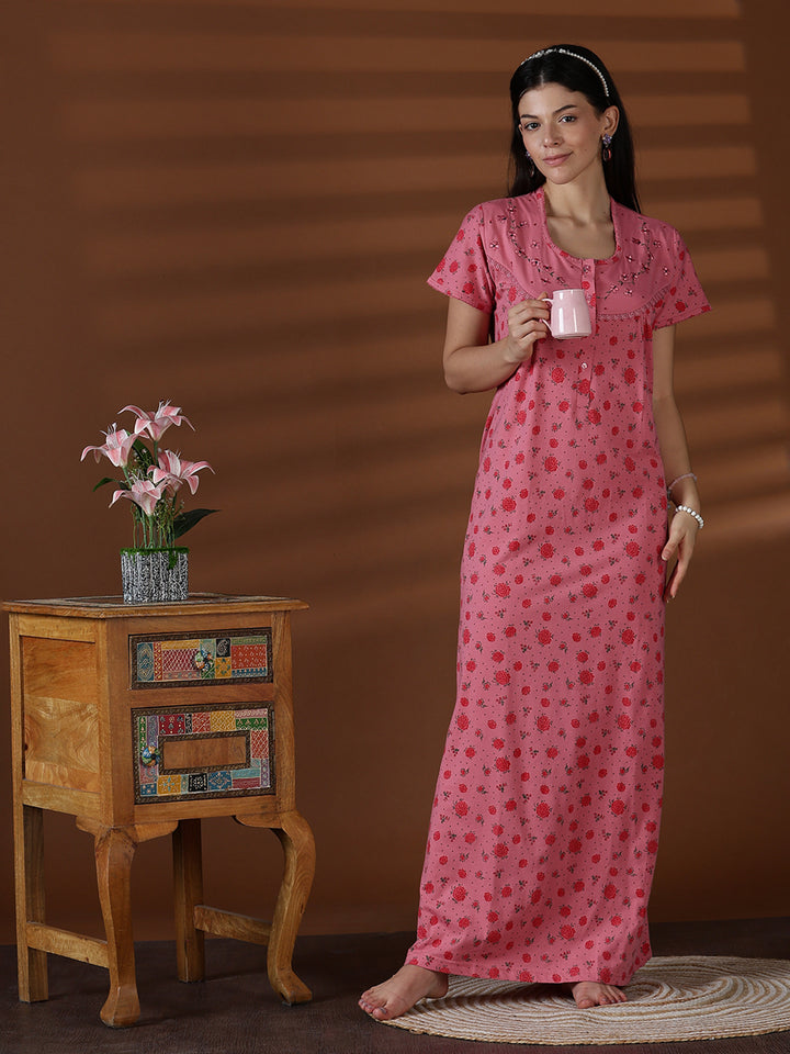 Floral Cotton Blend Nighty for Women Soft Pleated Comfort