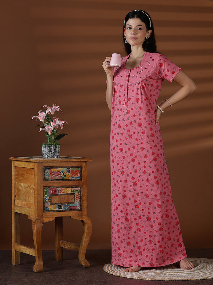 Floral Cotton Blend Nighty for Women Soft Pleated Comfort
