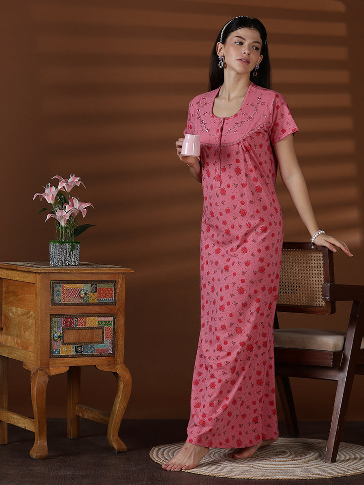 Floral Cotton Blend Nighty for Women Soft Pleated Comfort