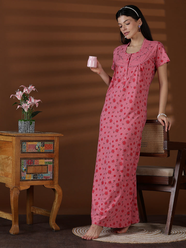 Floral Cotton Blend Nighty for Women Soft Pleated Comfort