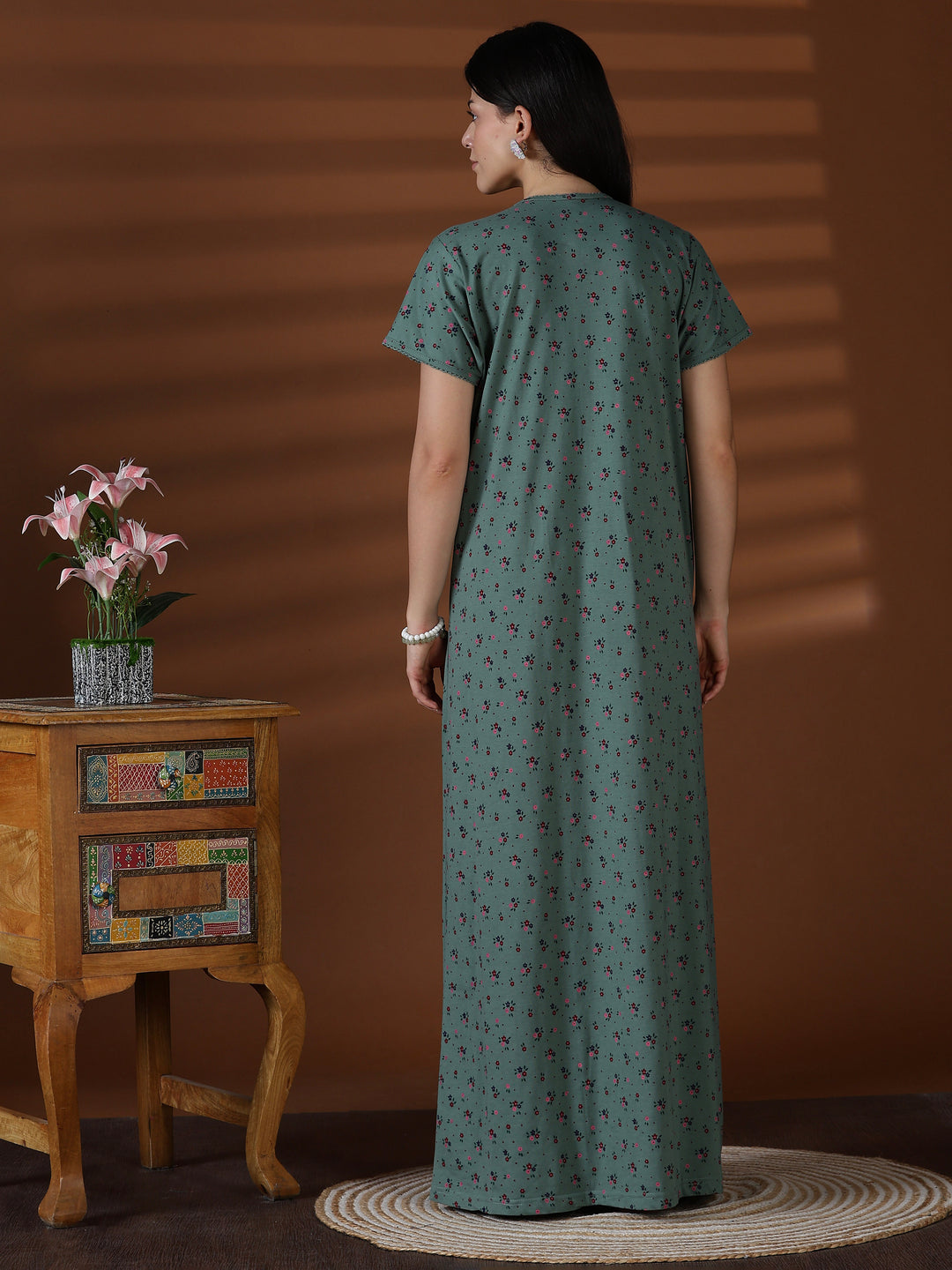 Green Floral Cotton Blend Nighty for Women Soft Relaxed Fit