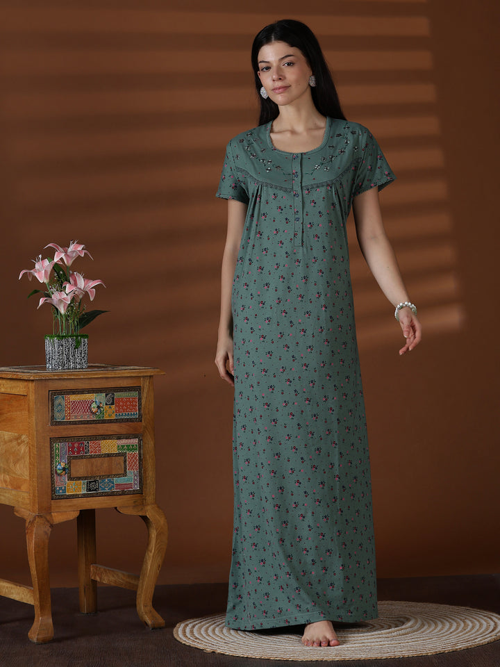 Green Floral Cotton Blend Nighty for Women Soft Relaxed Fit