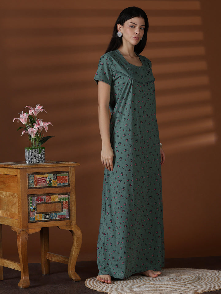 Green Floral Cotton Blend Nighty for Women Soft Relaxed Fit