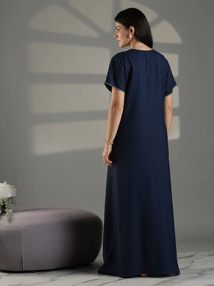 Navy Embroidered Cotton Blend Nighty for Women Elegant A Line