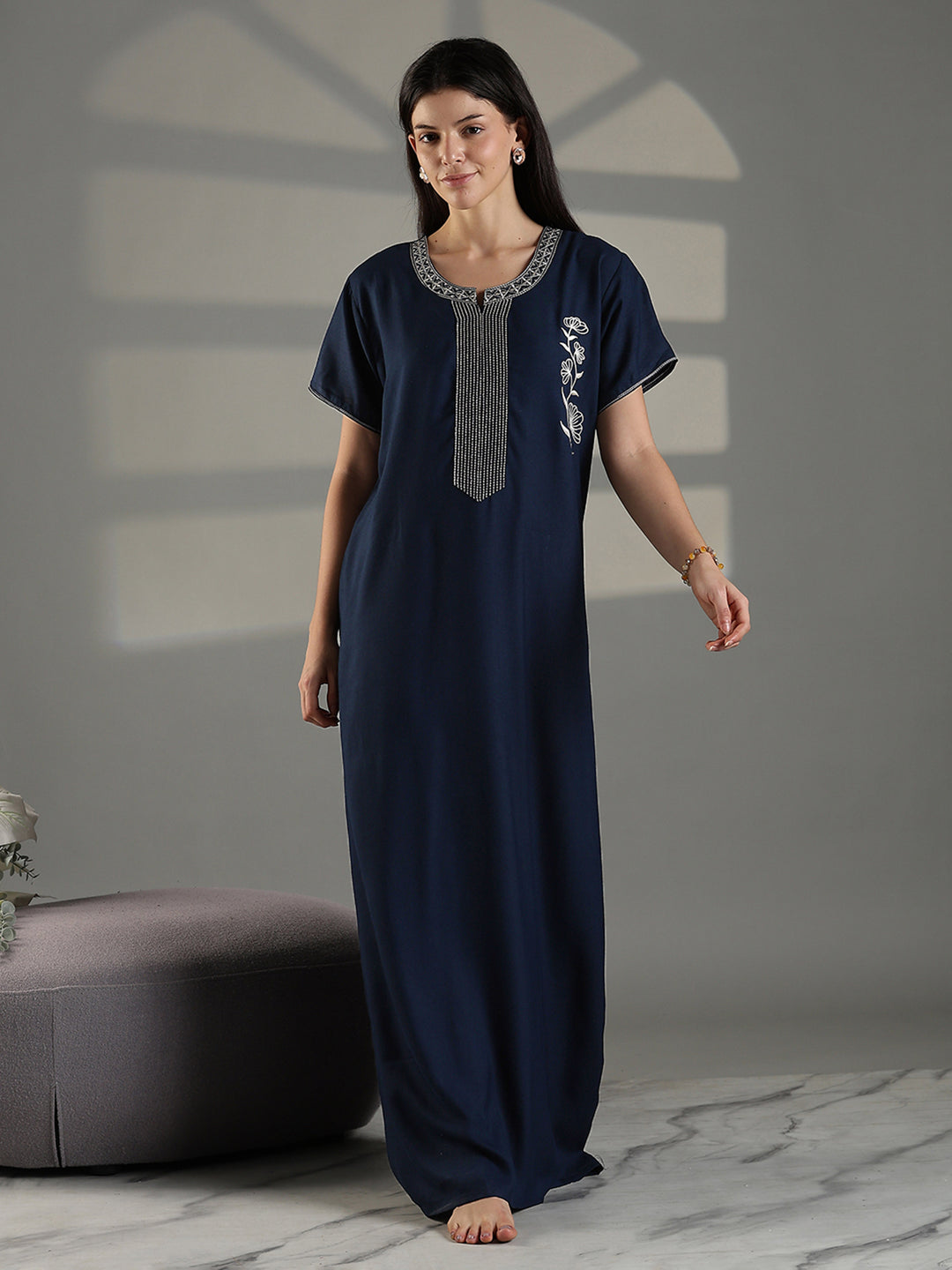 Navy Embroidered Cotton Blend Nighty for Women Elegant A Line
