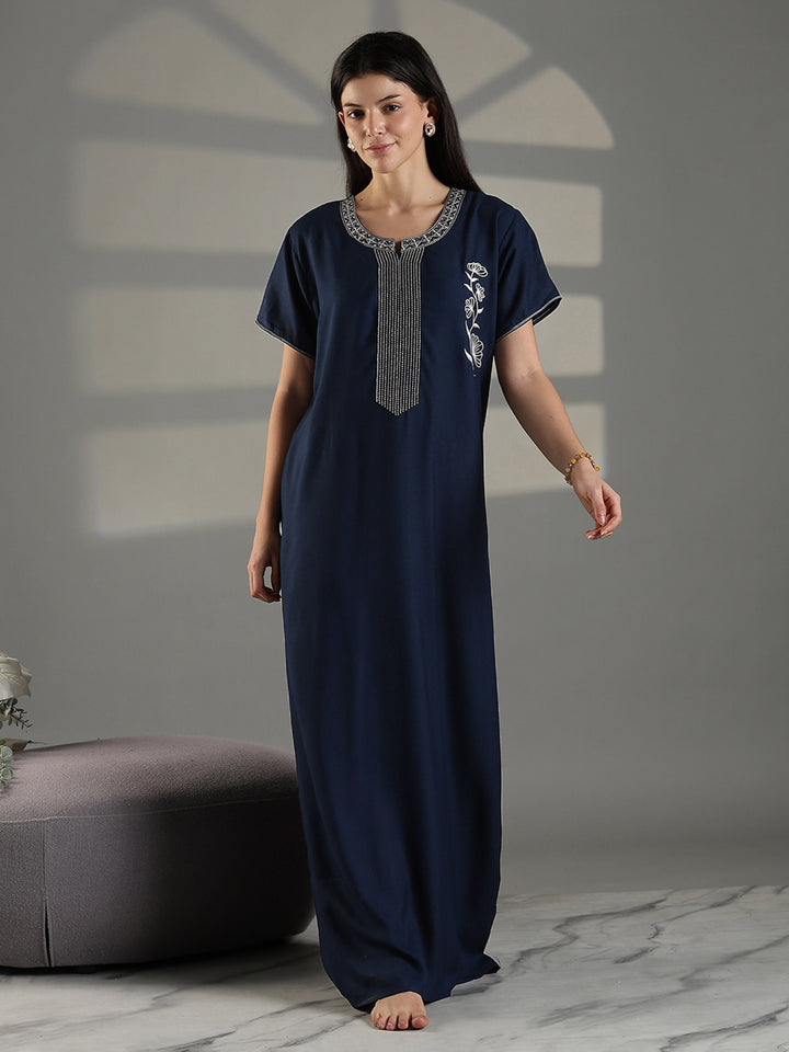 Navy Embroidered Cotton Blend Nighty for Women Elegant A Line