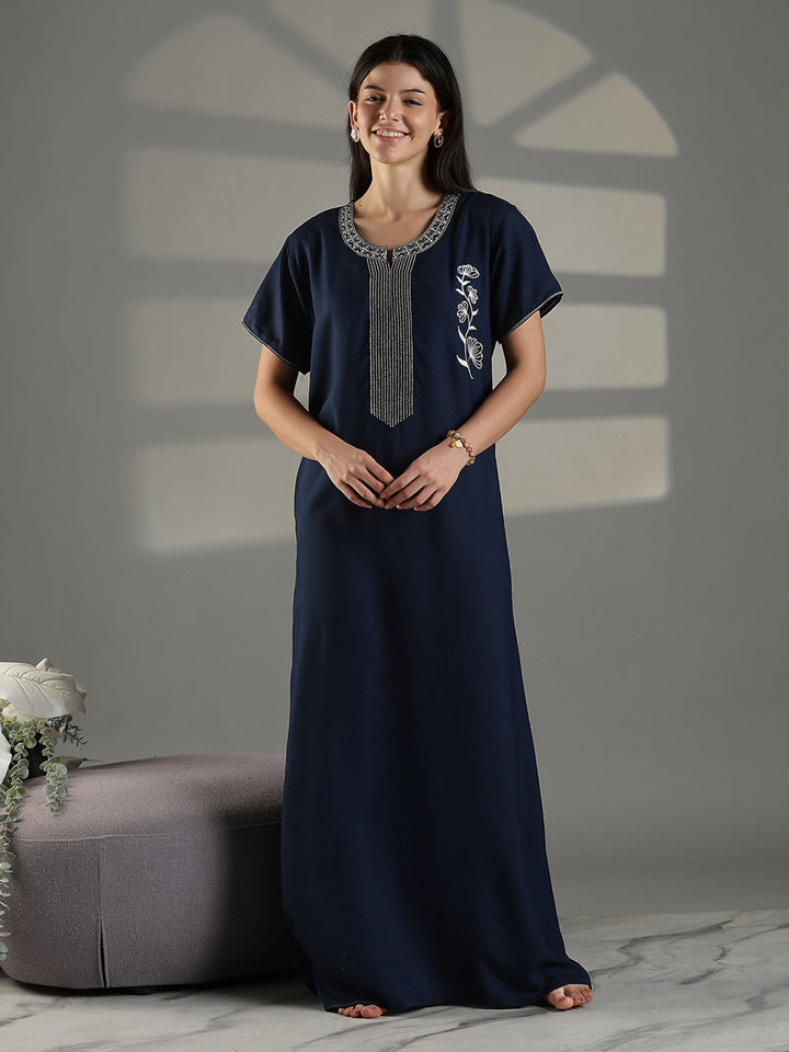 Navy Embroidered Cotton Blend Nighty for Women Elegant A Line