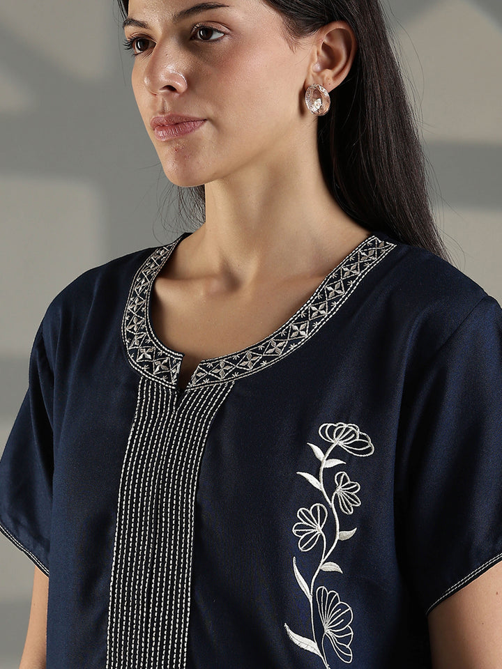 Navy Embroidered Cotton Blend Nighty for Women Elegant A Line