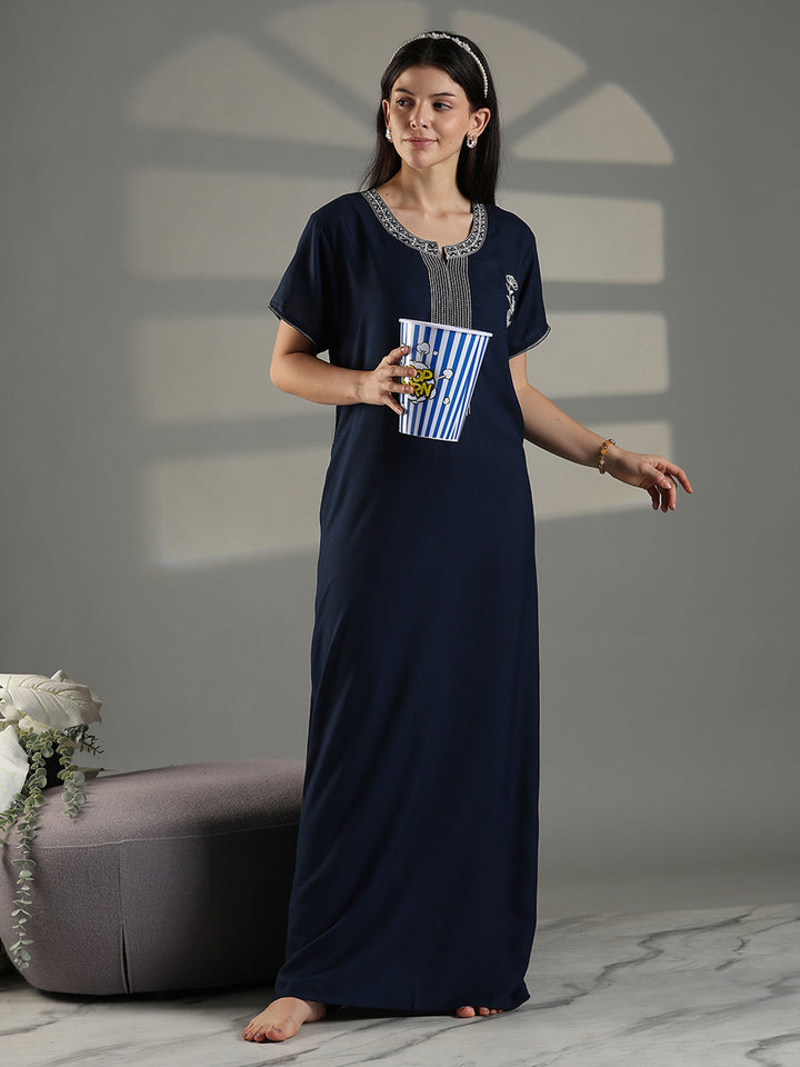 Navy Embroidered Cotton Blend Nighty for Women Elegant A Line