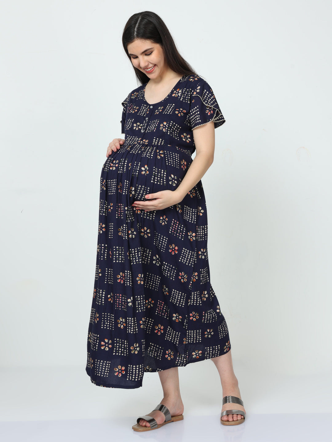 Blue Rayon Feeding Maternity Dress