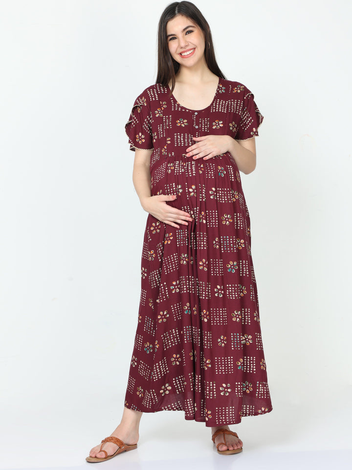  Maternity Dress  Maternity Nursing Nightie - Rayon Maternity Feeding Nighty Wine- 9shines label 