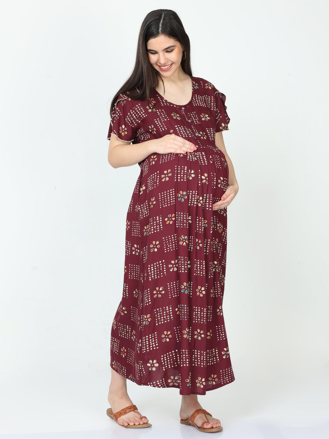  Maternity Dress  Maternity Nursing Nightie - Rayon Maternity Feeding Nighty Wine- 9shines label 