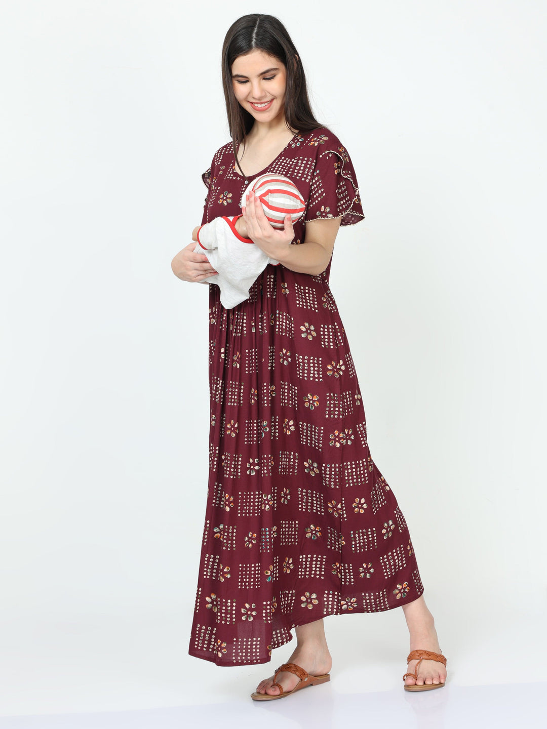  Maternity Dress  Maternity Nursing Nightie - Rayon Maternity Feeding Nighty Wine- 9shines label 