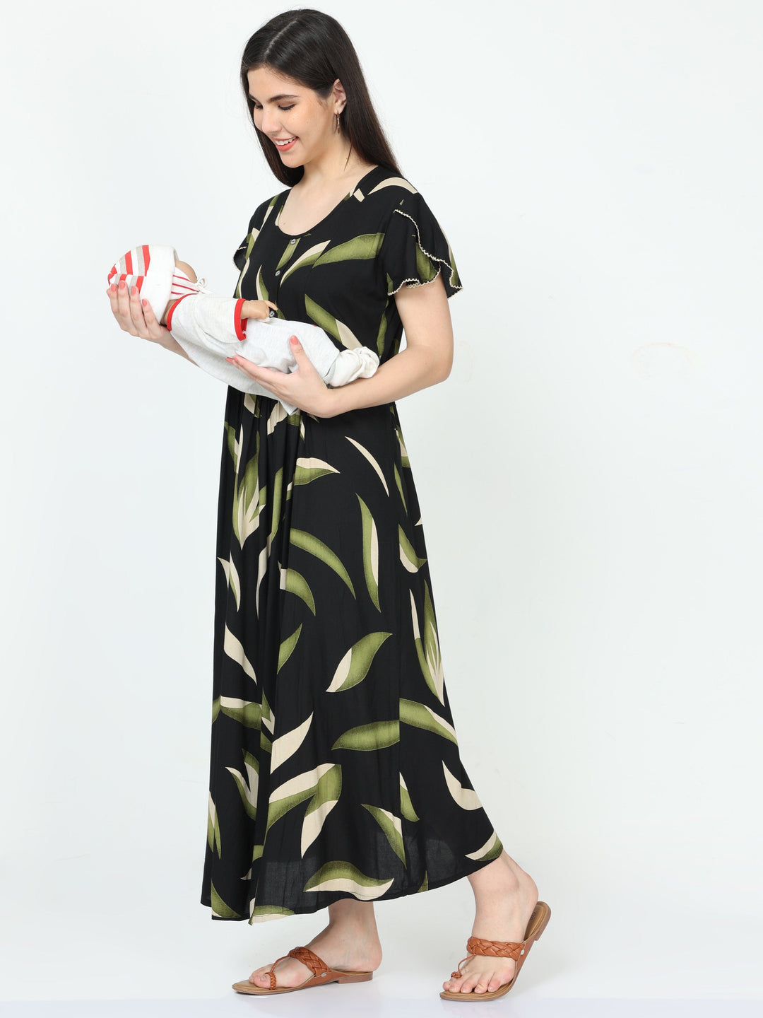  Maternity Dress  Best Maternity Nighties - Feeding Black And Green Nighty- 9shines label 